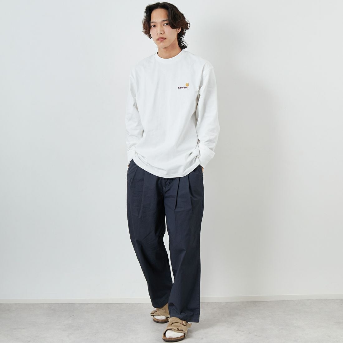 carhartt WIP [カーハートダブリューアイピー] ロングスリーブアメリカンスクリプトTシャツ [I029955] ASH HEATHE &&モデル身長：179cm 着用サイズ：L&&