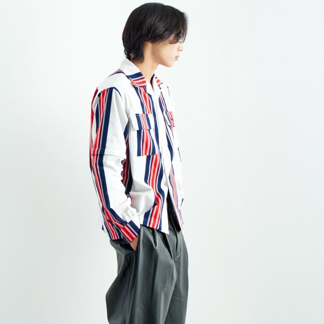 AiE [エーアイイー] ストライプペインターシャツ [PU617] A OFF WHIT &&モデル身長：179cm 着用サイズ：M&&