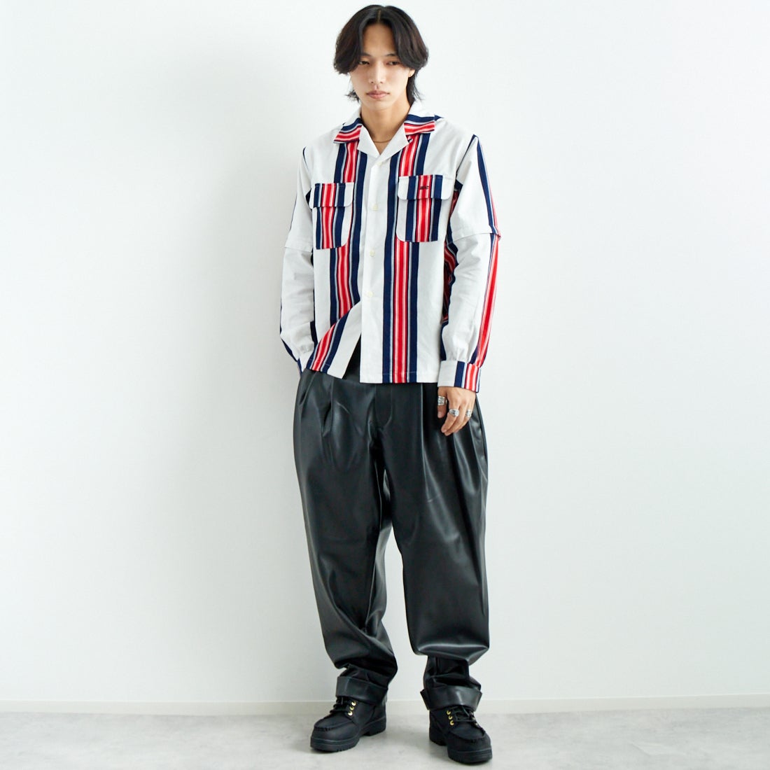 AiE [エーアイイー] ストライプペインターシャツ [PU617] A OFF WHIT &&モデル身長：179cm 着用サイズ：M&&