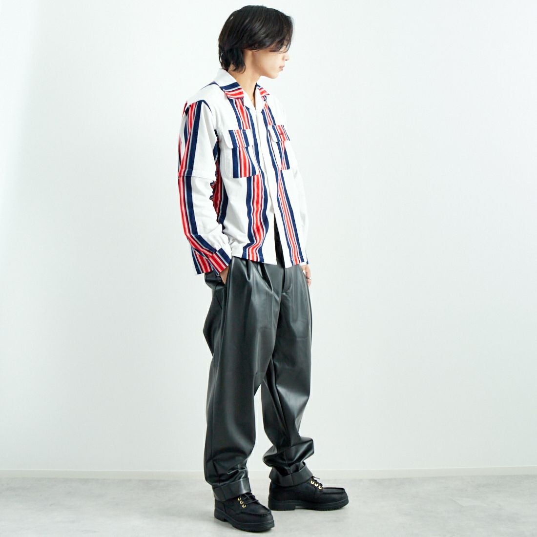 AiE [エーアイイー] ストライプペインターシャツ [PU617] A OFF WHIT &&モデル身長：179cm 着用サイズ：M&&