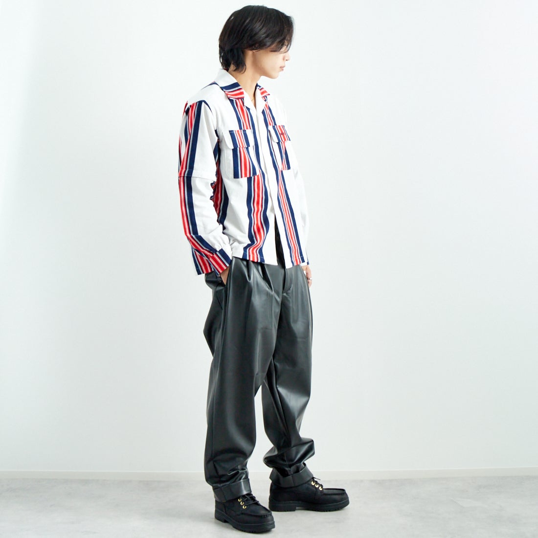 AiE [エーアイイー] ストライプペインターシャツ [PU617] A OFF WHIT &&モデル身長：179cm 着用サイズ：M&&