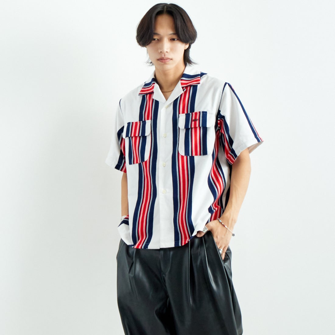 AiE [エーアイイー] ストライプペインターシャツ [PU617] A OFF WHIT &&モデル身長：179cm 着用サイズ：M&&