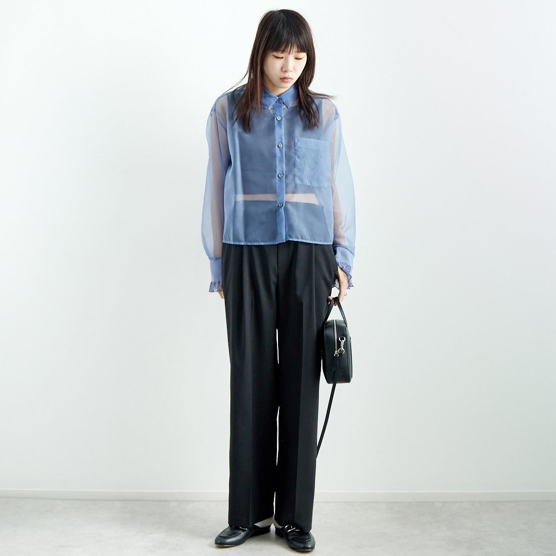 Jeans Factory Clothes [ジーンズファクトリークローズ] ストレッチツイルセミワイドパンツ [M-8139] 040 ﾌﾞﾗｯｸ &&モデル身長：167cm 着用サイズ：38&&