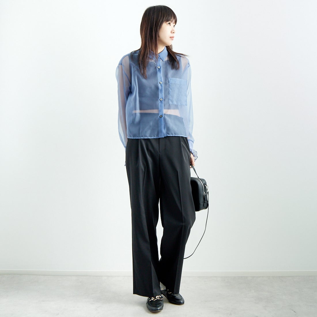 Jeans Factory Clothes [ジーンズファクトリークローズ] ストレッチツイルセミワイドパンツ [M-8139] 040 ﾌﾞﾗｯｸ &&モデル身長：167cm 着用サイズ：38&&