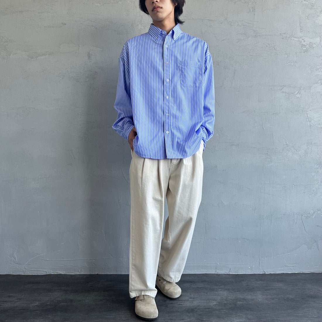 Jeans Factory Clothes [ジーンズファクトリークローズ] ビッグボタンダウンシャツ [JFC-251-017] D BLU ST &&モデル身長：179cm 着用サイズ：L&&