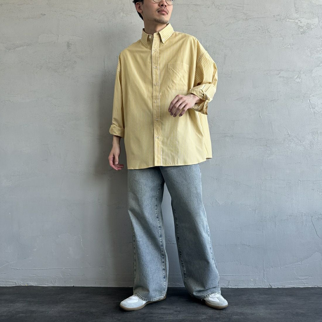 Jeans Factory Clothes [ジーンズファクトリークローズ] ビッグボタンダウンシャツ [JFC-251-017] C YEL ST &&モデル身長：168cm 着用サイズ：M&&