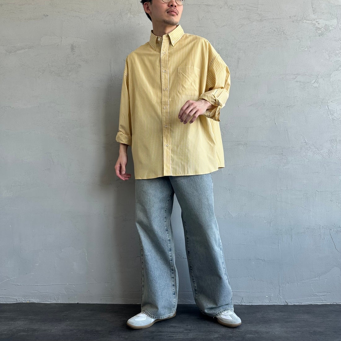Jeans Factory Clothes [ジーンズファクトリークローズ] ビッグボタンダウンシャツ [JFC-251-017] C YEL ST &&モデル身長：168cm 着用サイズ：M&&