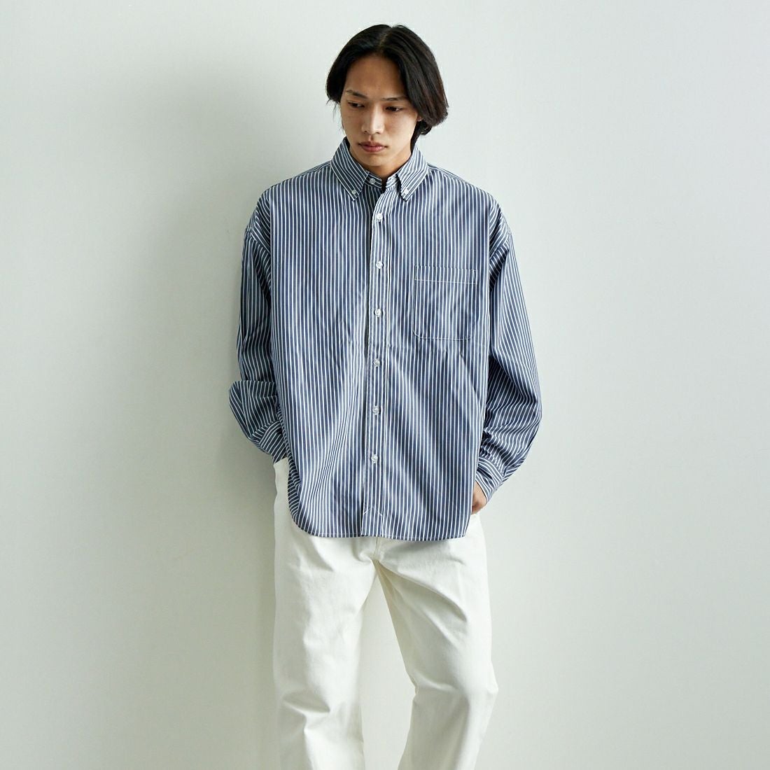Jeans Factory Clothes [ジーンズファクトリークローズ] ビッグボタンダウンシャツ [JFC-251-017] E NV ST &&モデル身長：179cm 着用サイズ：M&&