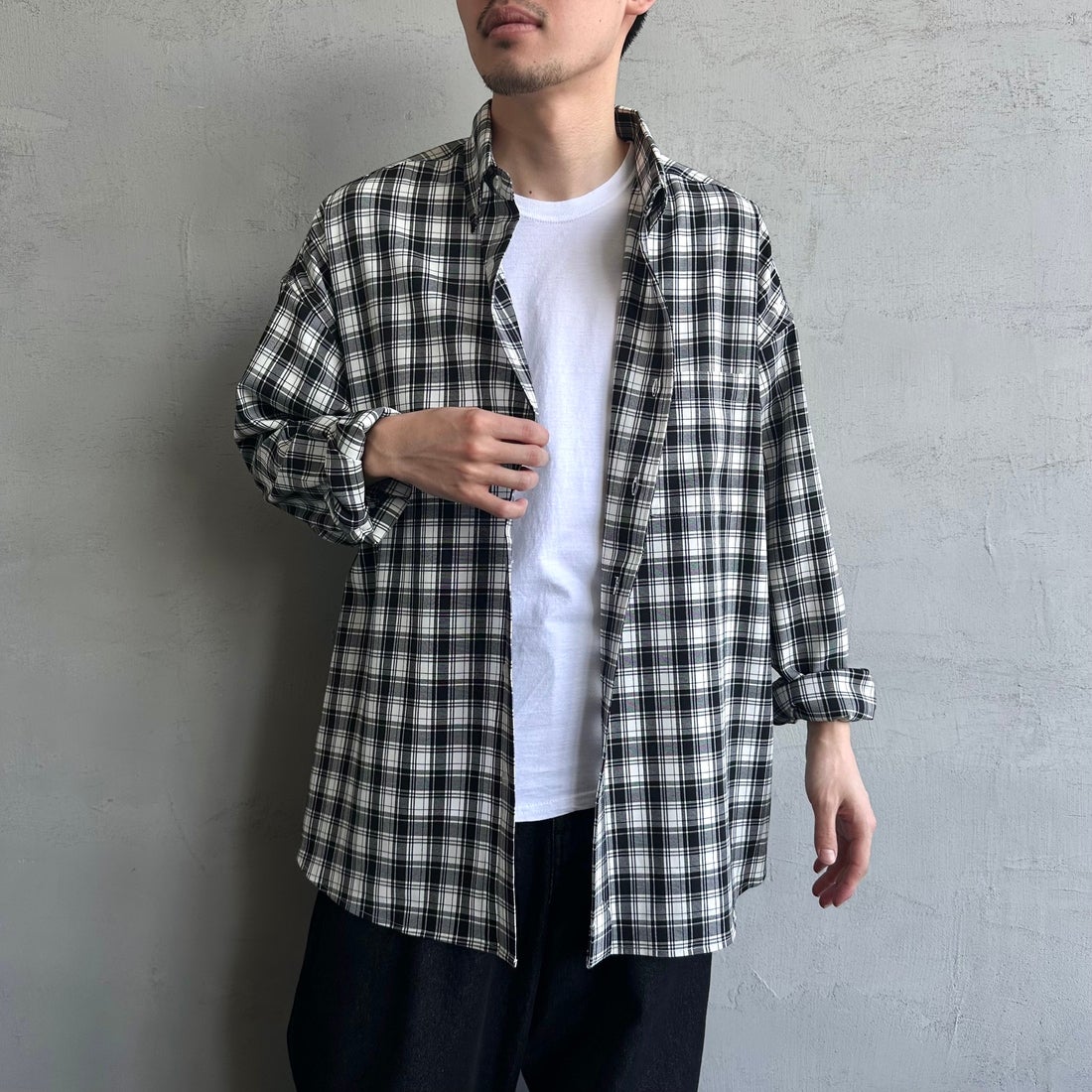 Jeans Factory Clothes [ジーンズファクトリークローズ] ビッグボタンダウンシャツ [JFC-251-017] G BK CHK &&モデル身長：168cm 着用サイズ：L&&