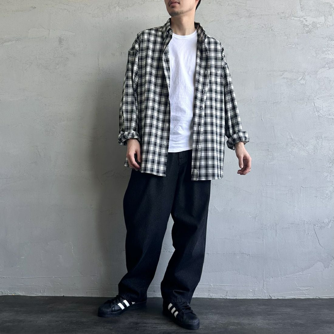 Jeans Factory Clothes [ジーンズファクトリークローズ] ビッグボタンダウンシャツ [JFC-251-017] G BK CHK &&モデル身長：168cm 着用サイズ：L&&