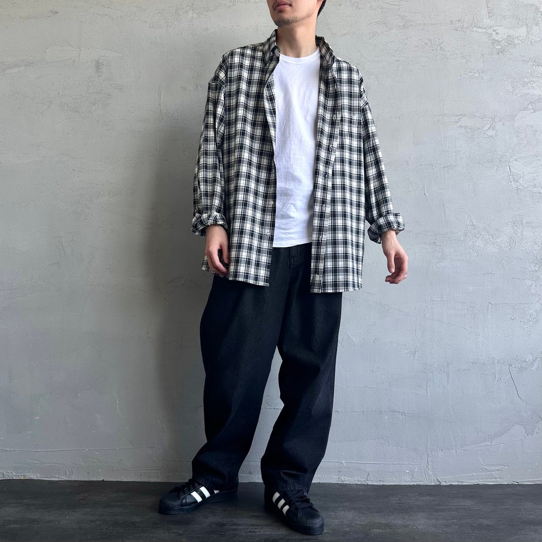 Jeans Factory Clothes [ジーンズファクトリークローズ] ビッグボタンダウンシャツ [JFC-251-017] G BK CHK &&モデル身長：168cm 着用サイズ：L&&