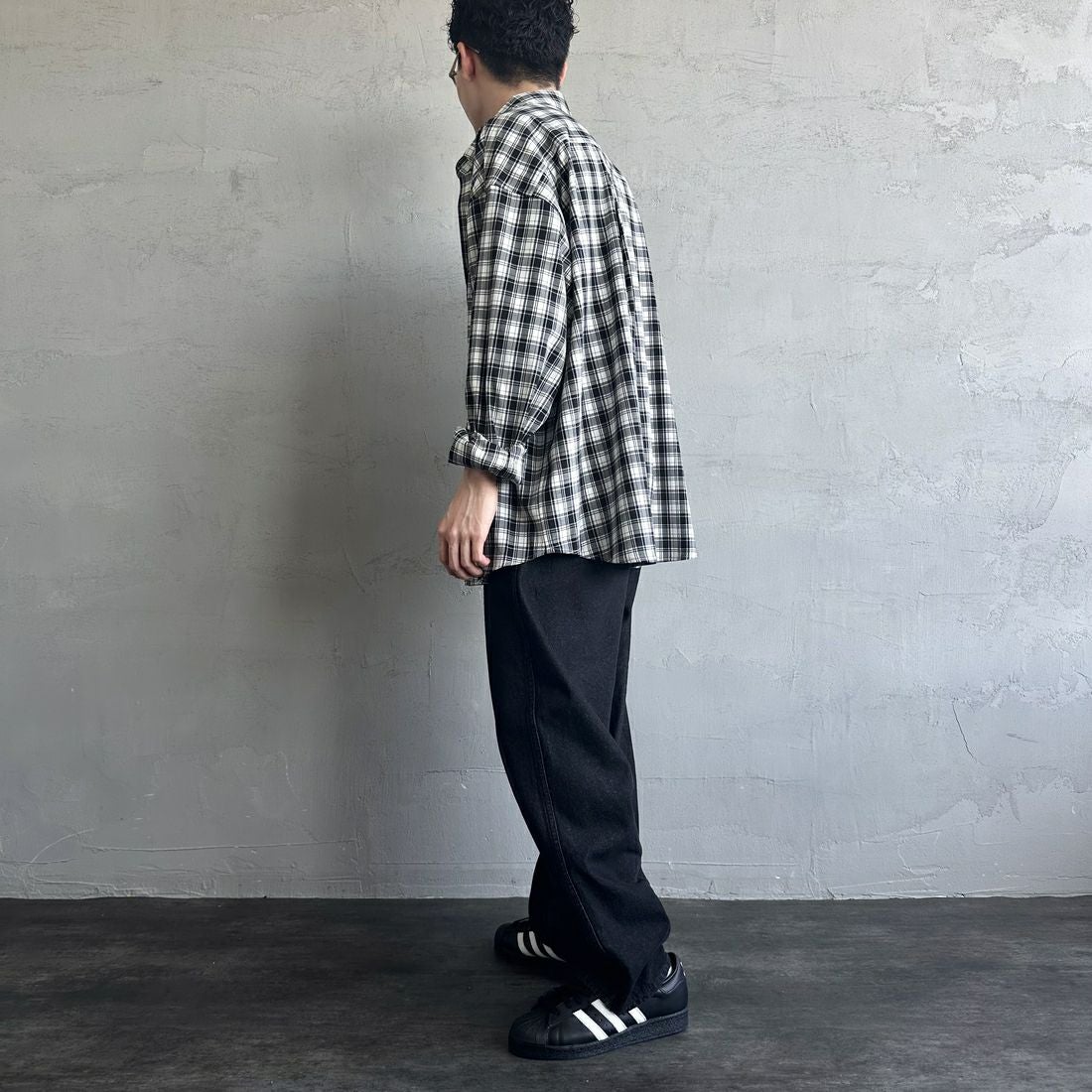 Jeans Factory Clothes [ジーンズファクトリークローズ] ビッグボタンダウンシャツ [JFC-251-017] G BK CHK &&モデル身長：168cm 着用サイズ：L&&