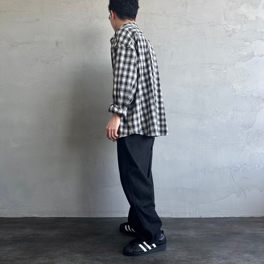 Jeans Factory Clothes [ジーンズファクトリークローズ] ビッグボタンダウンシャツ [JFC-251-017] G BK CHK &&モデル身長：168cm 着用サイズ：L&&