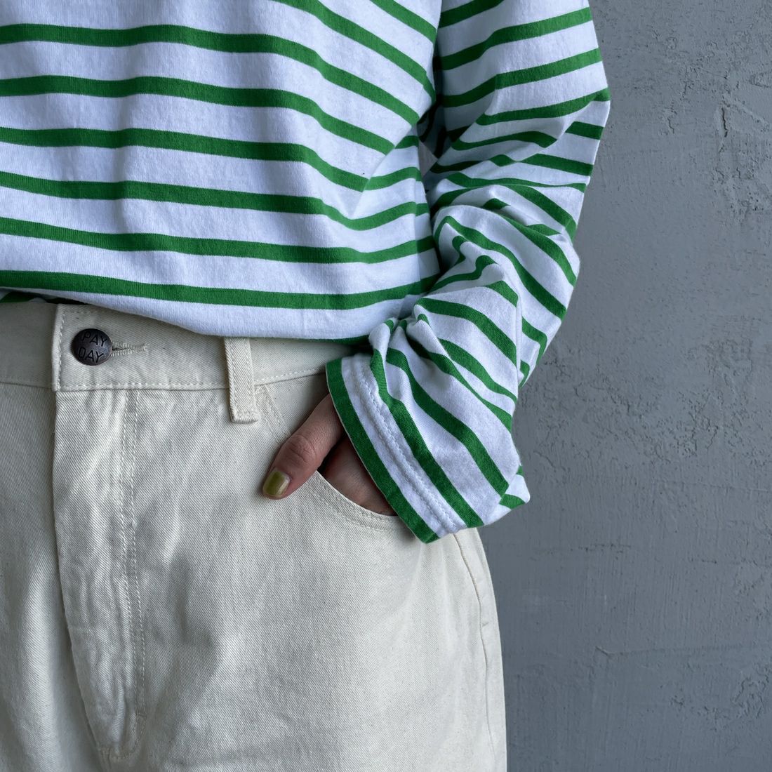 PAY DAY [ペイデイ] 別注 ペインターデニムパンツ [PD49-PT-IN5-JF] IVORY &&モデル身長：158cm 着用サイズ：L&&