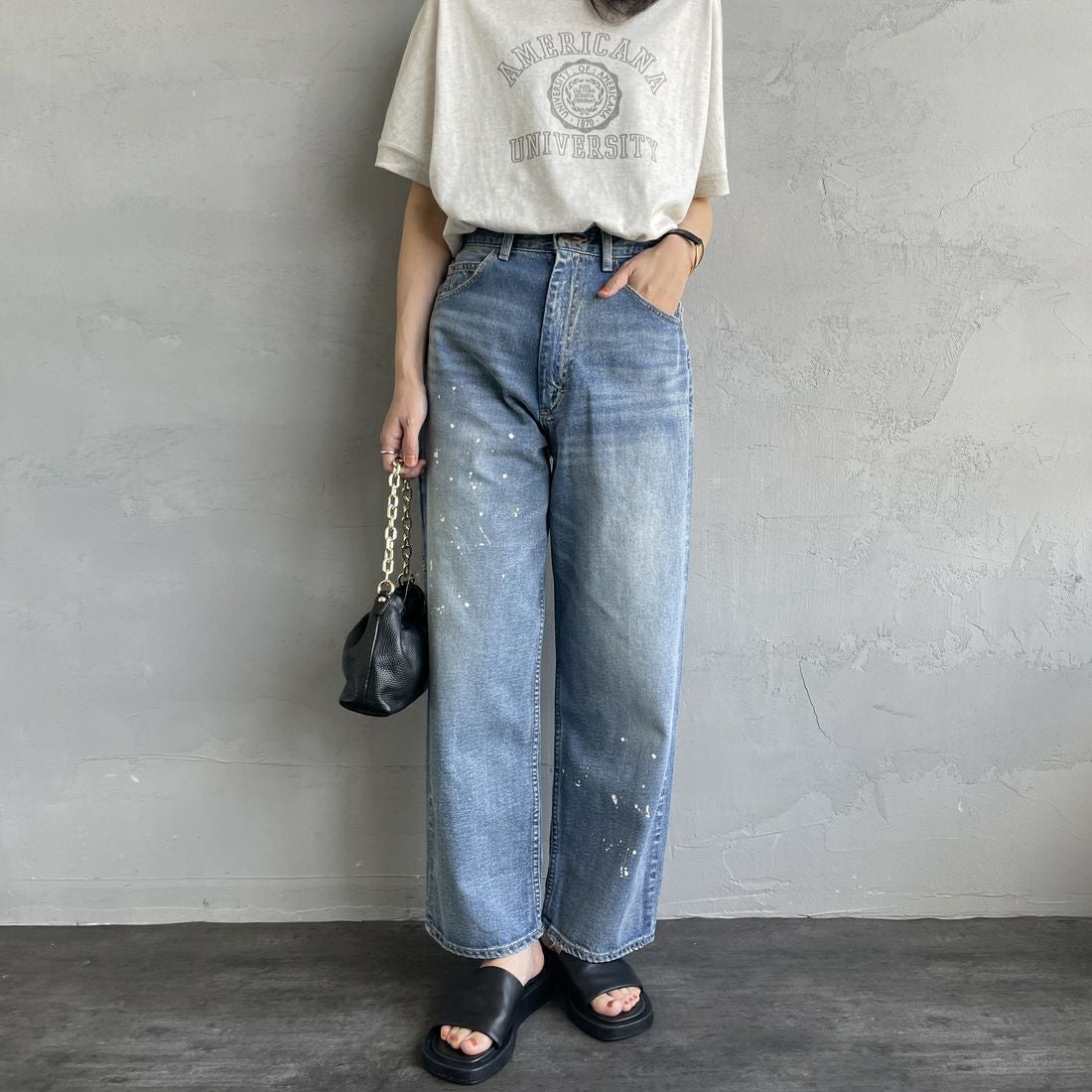 PAY DAY [ペイデイ] 別注 ペインターデニムパンツ [PD49-PT-IN5-JF] MD.BLUE &&モデル身長：160cm 着用サイズ：M&&