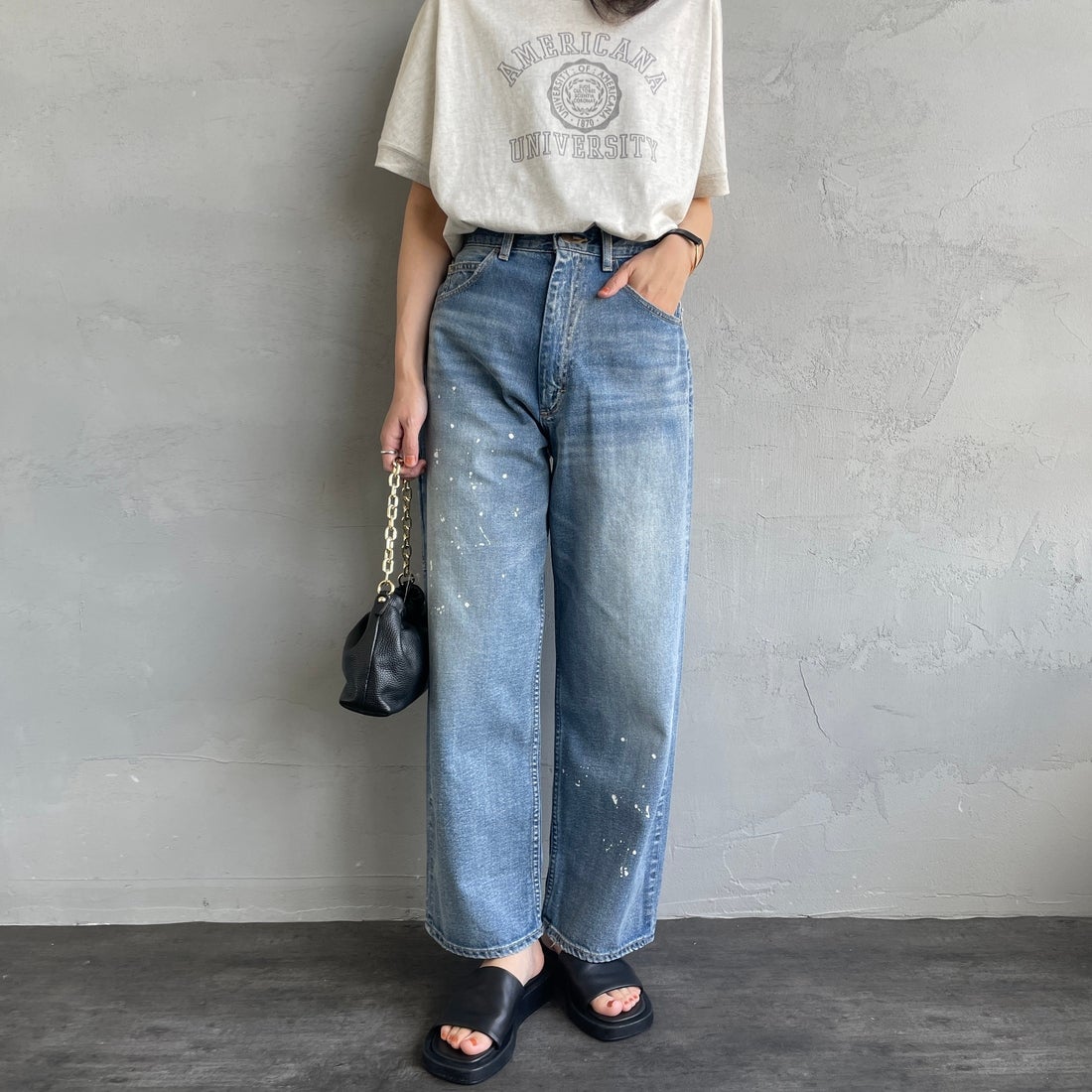 PAY DAY [ペイデイ] 別注 ペインターデニムパンツ [PD49-PT-IN5-JF] MD.BLUE &&モデル身長：160cm 着用サイズ：M&&