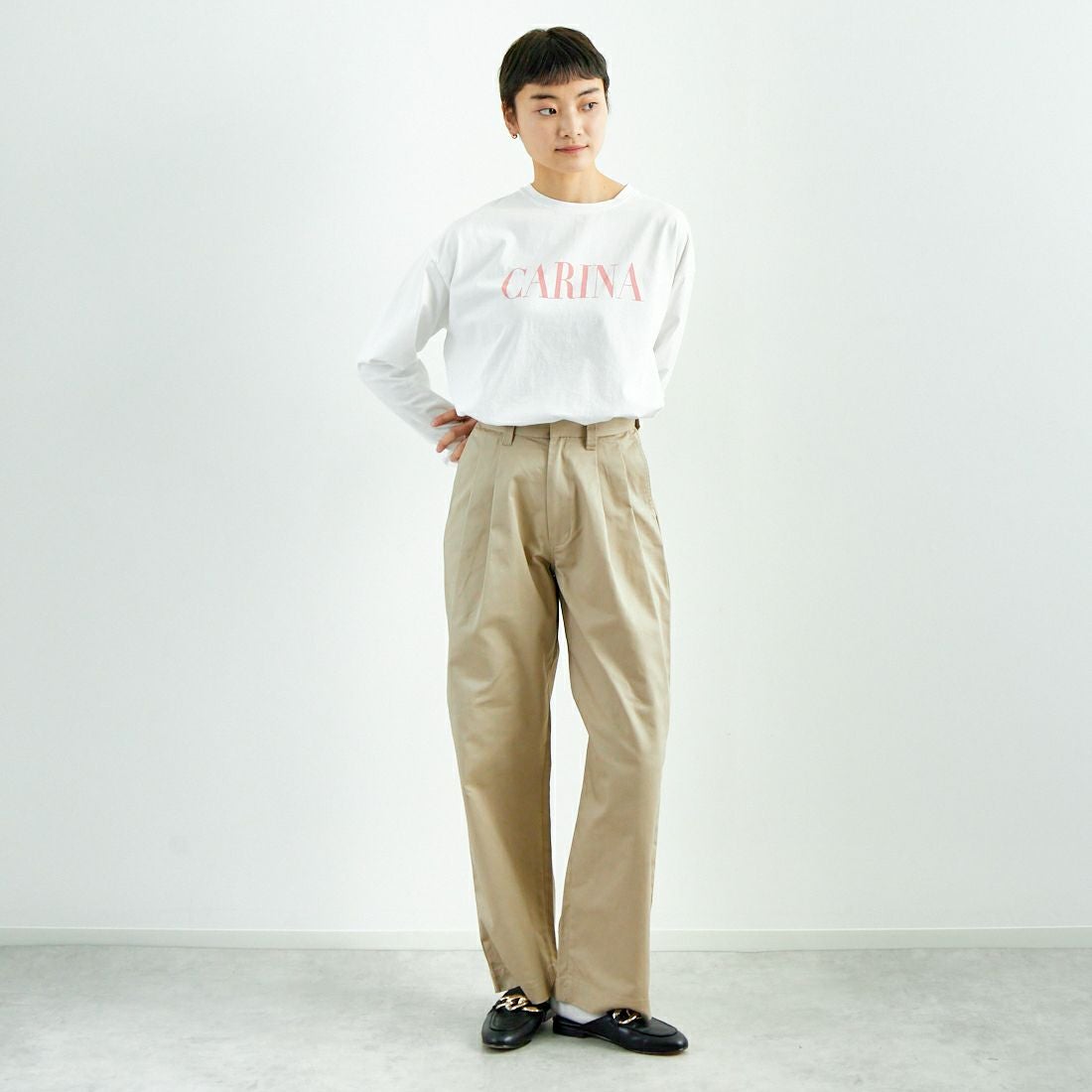 Jeans Factory Clothes [ジーンズファクトリークローズ] 2タックチノパンツ [IN13-PT-5] ﾍﾞｰｼﾞｭ &&モデル身長：160cm 着用サイズ：M&&
