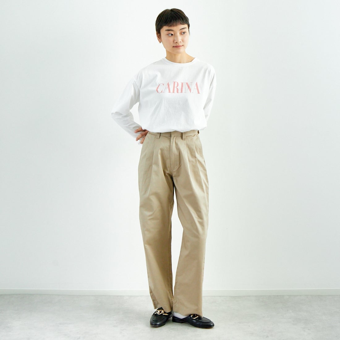 Jeans Factory Clothes [ジーンズファクトリークローズ] 2タックチノパンツ [IN13-PT-5] ﾍﾞｰｼﾞｭ &&モデル身長：160cm 着用サイズ：M&&
