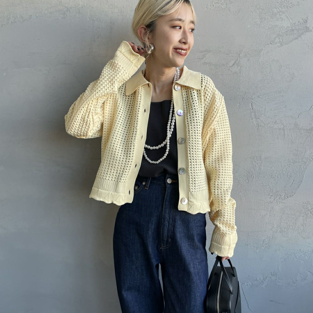 Maison de L'allure [メゾン ドゥ ラリュール] 襟付きメッシュニットプルオーバー [M24141012] 30 CREAM &&モデル身長：150cm 着用サイズ：F&&