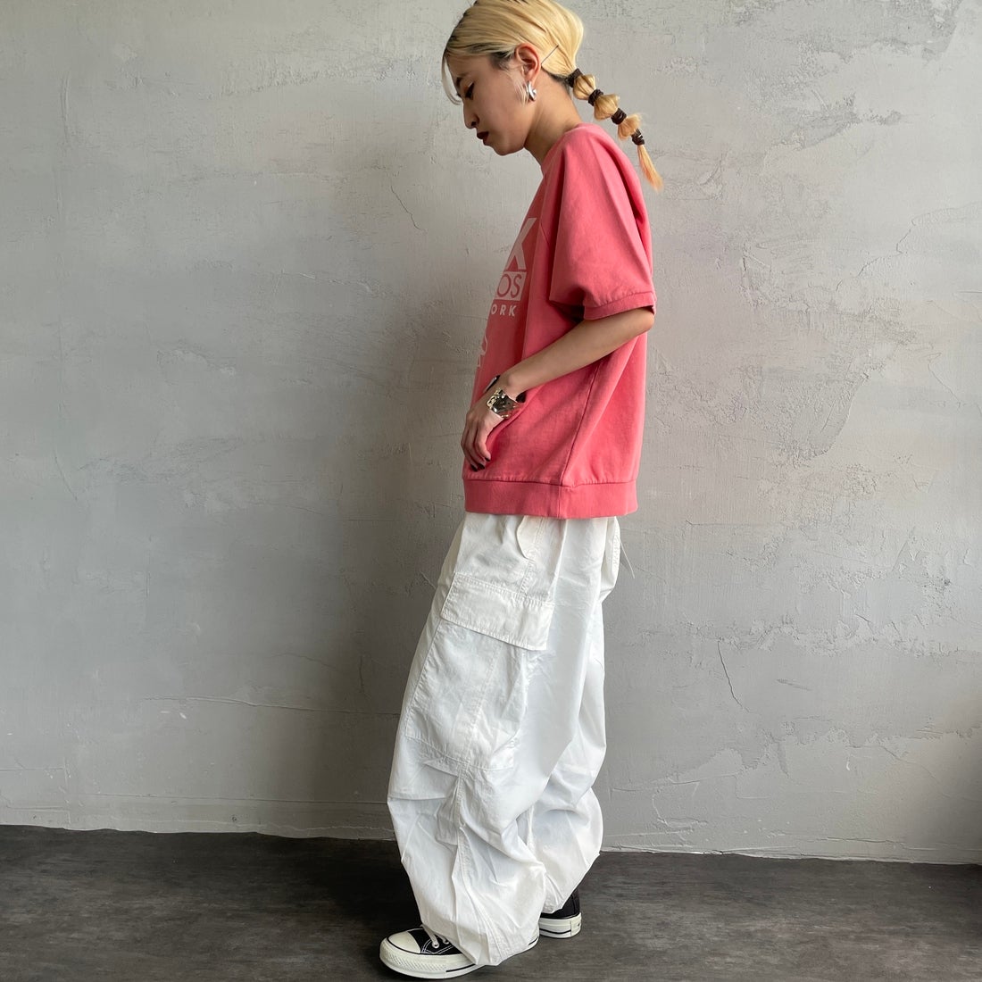 HANDTEX [ハンドテックス] 別注 ロゴプリント ラグランスリーブスウェット [HT7-CST-IN5-JF] ﾋﾟﾝｸ &&モデル身長：150cm 着用サイズ：F&&