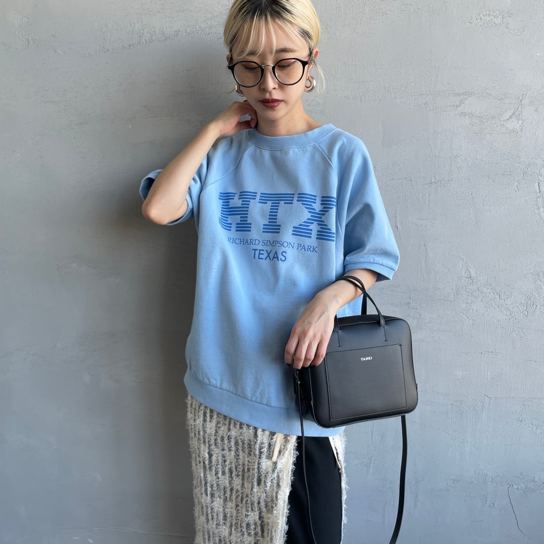 HANDTEX [ハンドテックス] 別注 ロゴプリント ラグランスリーブスウェット [HT7-CST-IN5-JF] ｻｯｸｽ &&モデル身長：150cm 着用サイズ：F&&