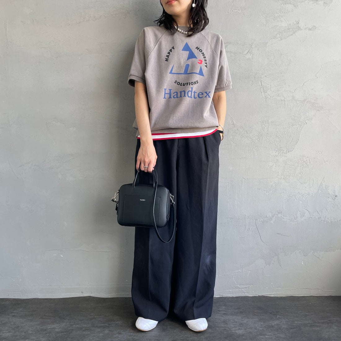 HANDTEX [ハンドテックス] 別注 ロゴプリント ラグランスリーブスウェット [HT7-CST-IN5-JF] ｸﾞﾚｰ &&モデル身長：160cm 着用サイズ：F&&