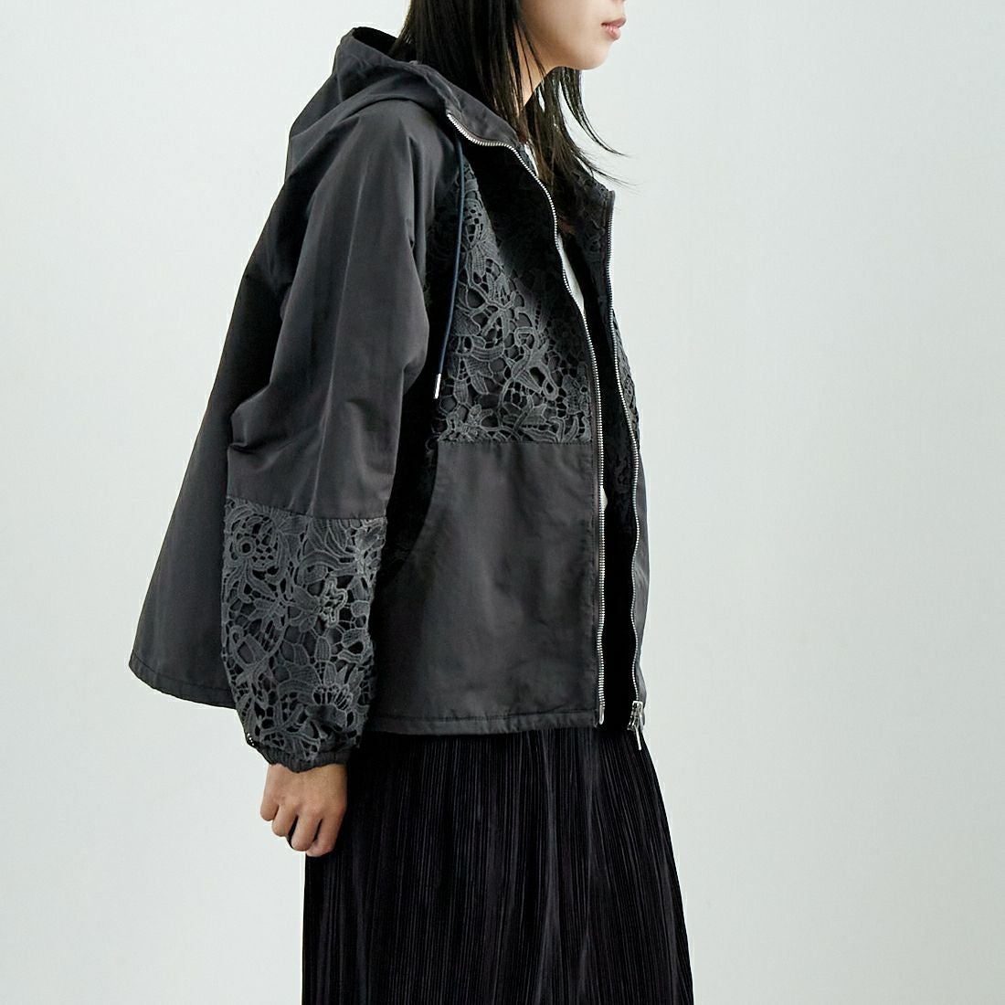 Jeans Factory Clothes [ジーンズファクトリークローズ] レースコンビパーカー [151201] 08 ﾁｬｺｰﾙ &&モデル身長：167cm 着用サイズ：F&&