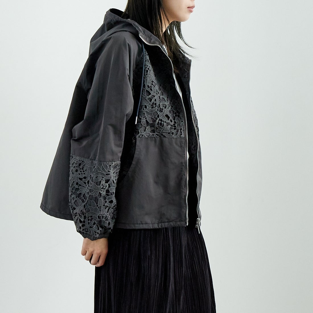 Jeans Factory Clothes [ジーンズファクトリークローズ] レースコンビパーカー [151201] 08 ﾁｬｺｰﾙ &&モデル身長：167cm 着用サイズ：F&&