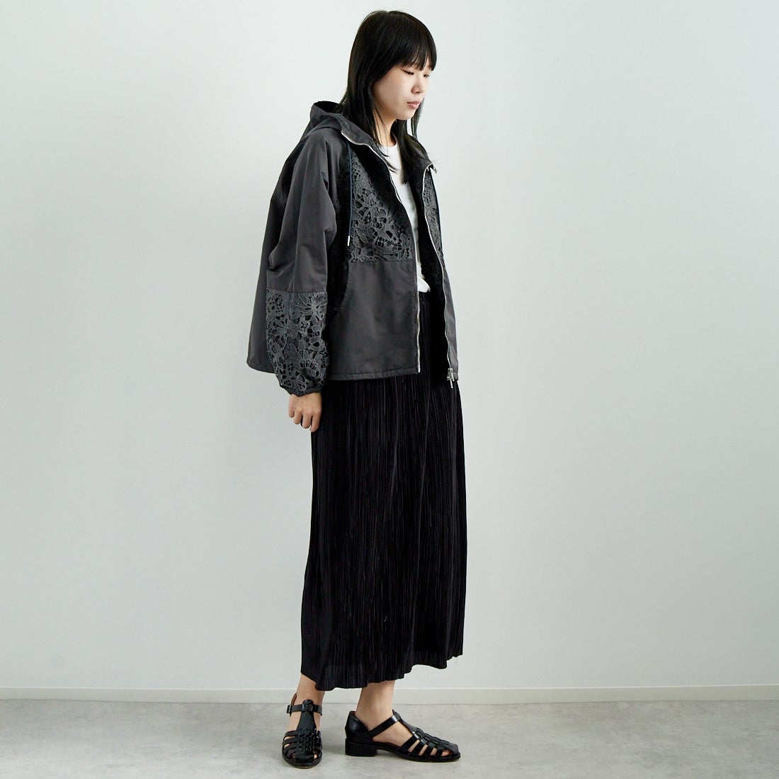 Jeans Factory Clothes [ジーンズファクトリークローズ] レースコンビパーカー [151201] 08 ﾁｬｺｰﾙ &&モデル身長：167cm 着用サイズ：F&&