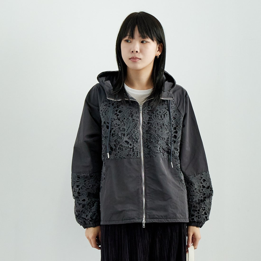 Jeans Factory Clothes [ジーンズファクトリークローズ] レースコンビパーカー [151201] 08 ﾁｬｺｰﾙ &&モデル身長：167cm 着用サイズ：F&&