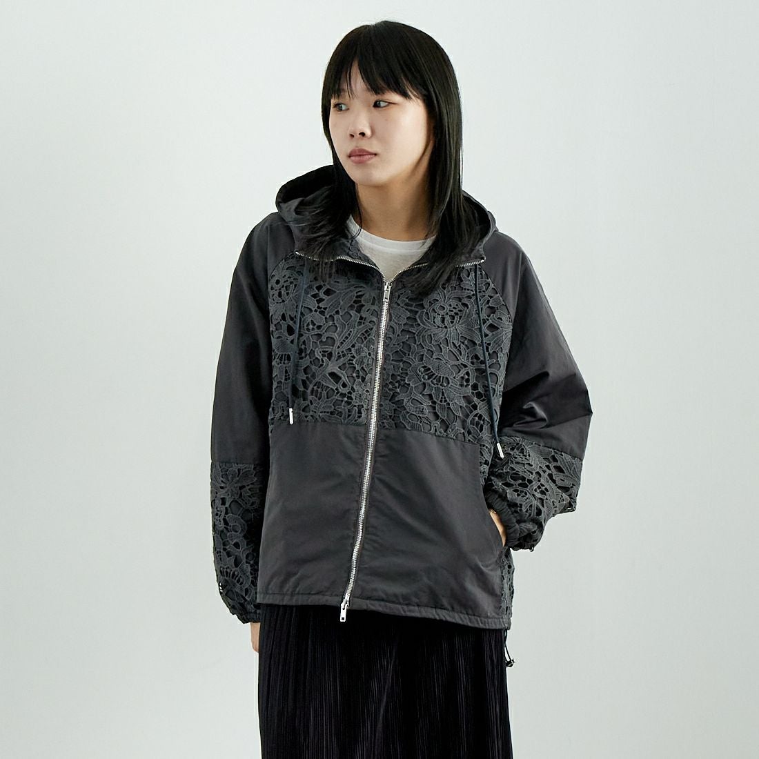 Jeans Factory Clothes [ジーンズファクトリークローズ] レースコンビパーカー [151201] 08 ﾁｬｺｰﾙ &&モデル身長：167cm 着用サイズ：F&&