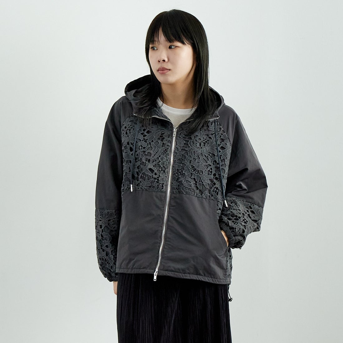 Jeans Factory Clothes [ジーンズファクトリークローズ] レースコンビパーカー [151201] 08 ﾁｬｺｰﾙ &&モデル身長：167cm 着用サイズ：F&&