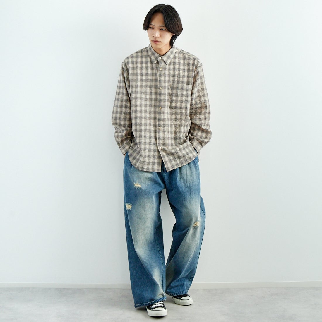 Noir Fabrik [ヌワールファブリック] エアコットンサッカーレギュラーカラーシャツ [JFCM-PS52-02] BEG CHECK &&モデル身長：179cm 着用サイズ：L&&