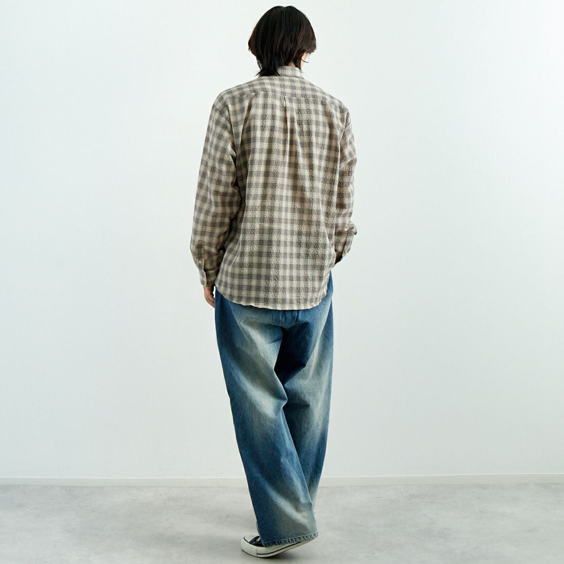 Noir Fabrik [ヌワールファブリック] エアコットンサッカーレギュラーカラーシャツ [JFCM-PS52-02] BEG CHECK &&モデル身長：179cm 着用サイズ：L&&