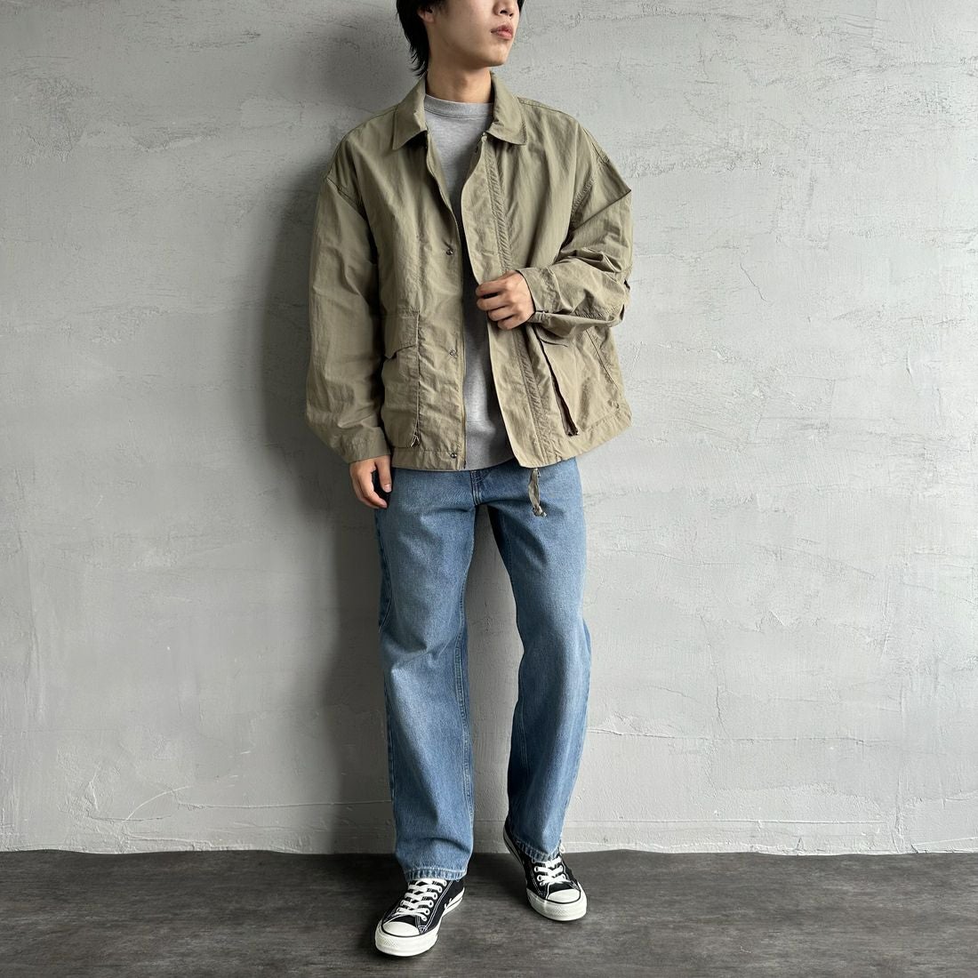 Jeans Factory Clothes [ジーンズファクトリークローズ] ウォッシャブルナイロンショートM-51ジャケット [JFC-251-013] OLIVE &&モデル身長：179cm 着用サイズ：L&&