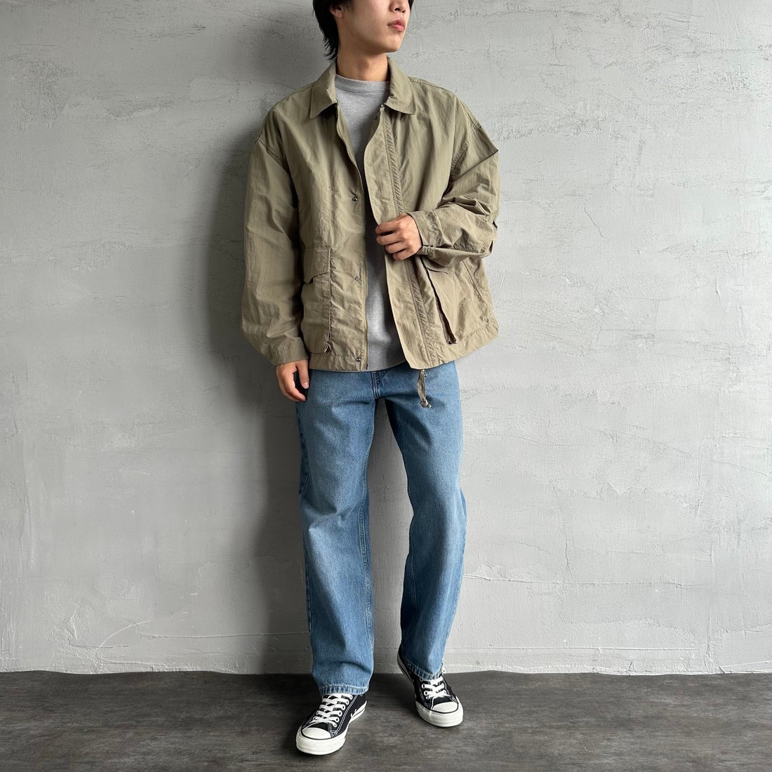 Jeans Factory Clothes [ジーンズファクトリークローズ] ウォッシャブルナイロンショートM-51ジャケット [JFC-251-013] OLIVE &&モデル身長：179cm 着用サイズ：L&&
