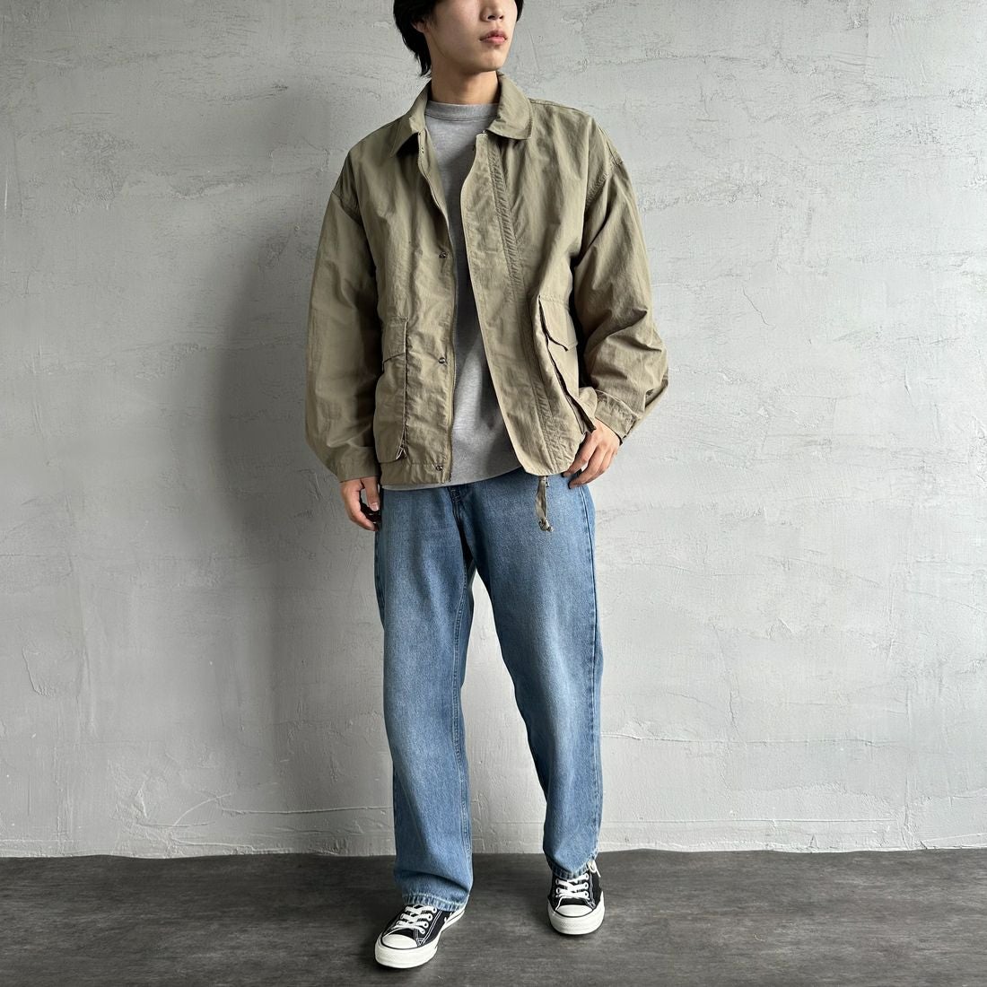 Jeans Factory Clothes [ジーンズファクトリークローズ] ウォッシャブルナイロンショートM-51ジャケット [JFC-251-013] OLIVE &&モデル身長：179cm 着用サイズ：L&&