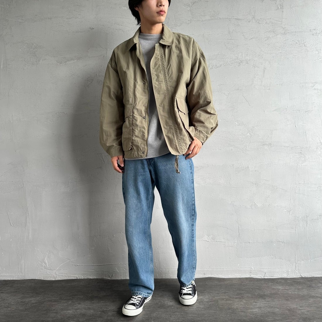 Jeans Factory Clothes [ジーンズファクトリークローズ] ウォッシャブルナイロンショートM-51ジャケット [JFC-251-013] OLIVE &&モデル身長：179cm 着用サイズ：L&&