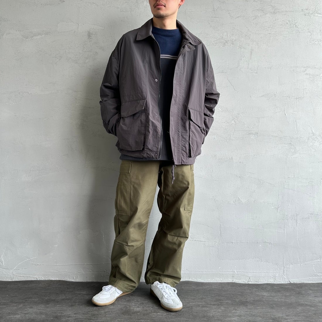 Jeans Factory Clothes [ジーンズファクトリークローズ] ウォッシャブルナイロンショートM-51ジャケット [JFC-251-013] BLACK &&モデル身長：168cm 着用サイズ：L&&