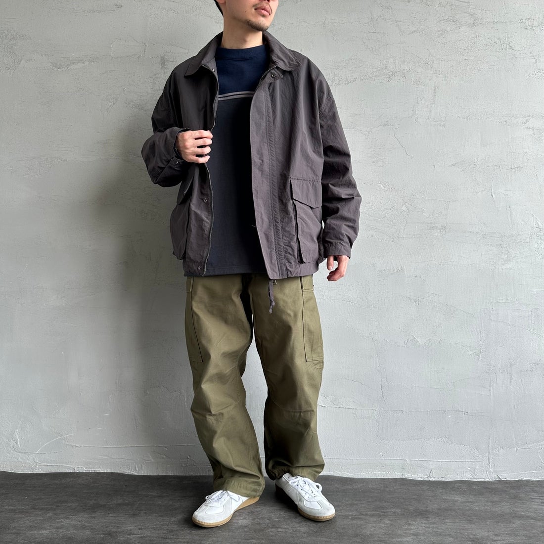 Jeans Factory Clothes [ジーンズファクトリークローズ] ウォッシャブルナイロンショートM-51ジャケット [JFC-251-013] BLACK &&モデル身長：168cm 着用サイズ：L&&