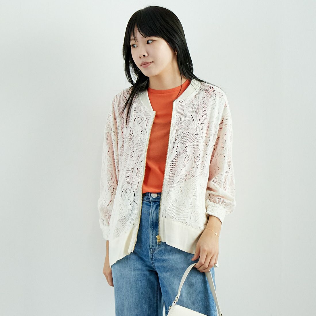 Jf Ready Made [ジェイエフレディメイド] カーテンレースチュニックブルゾン [4125110] ｱｲﾎﾞﾘｰ &&モデル身長：167cm 着用サイズ：F&&