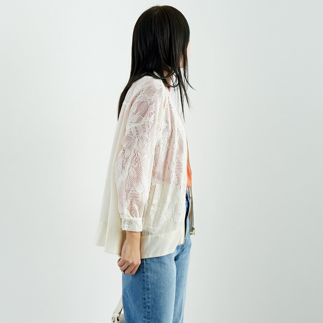 Jf Ready Made [ジェイエフレディメイド] カーテンレースチュニックブルゾン [4125110] ｱｲﾎﾞﾘｰ &&モデル身長：167cm 着用サイズ：F&&