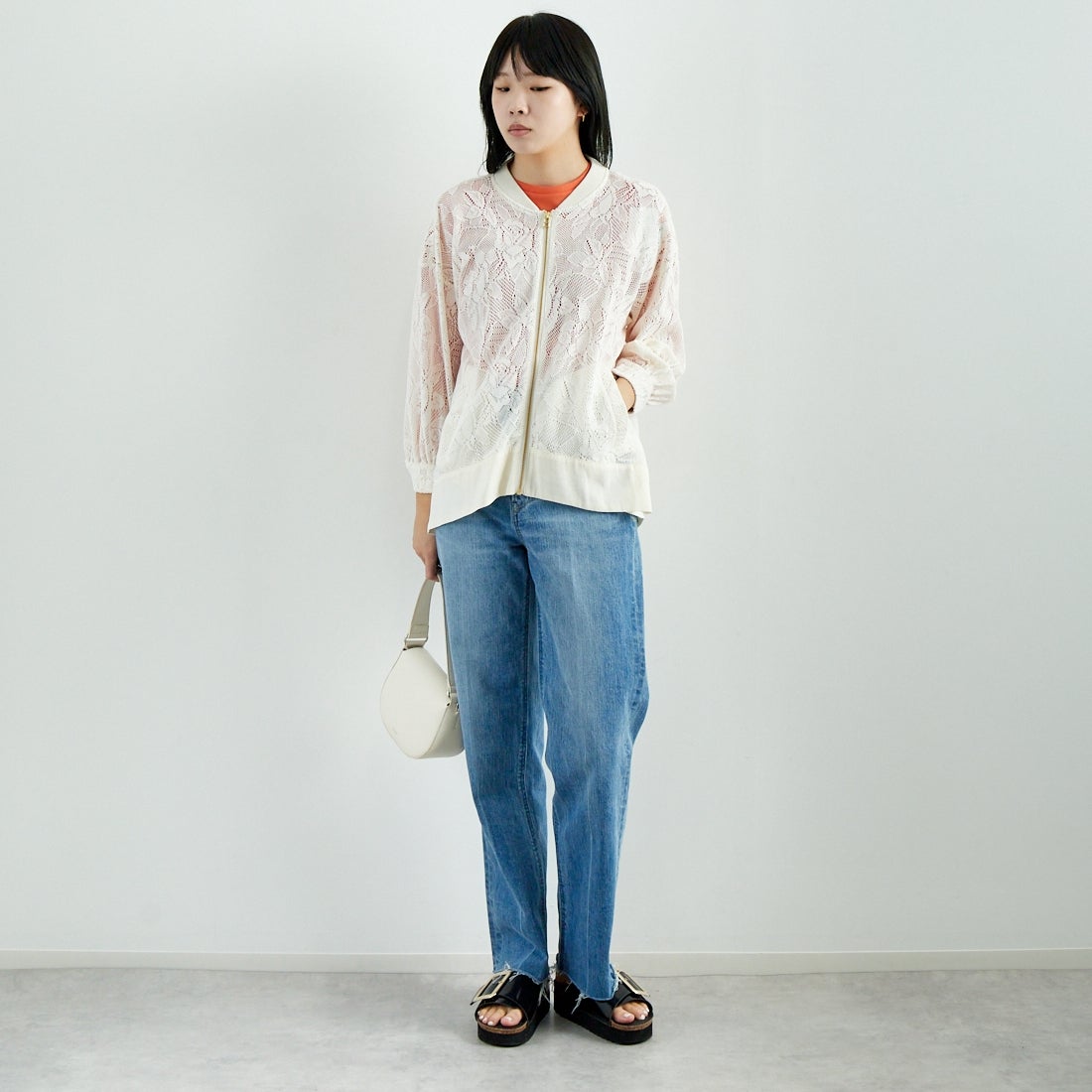 Jf Ready Made [ジェイエフレディメイド] カーテンレースチュニックブルゾン [4125110] ｱｲﾎﾞﾘｰ &&モデル身長：167cm 着用サイズ：F&&