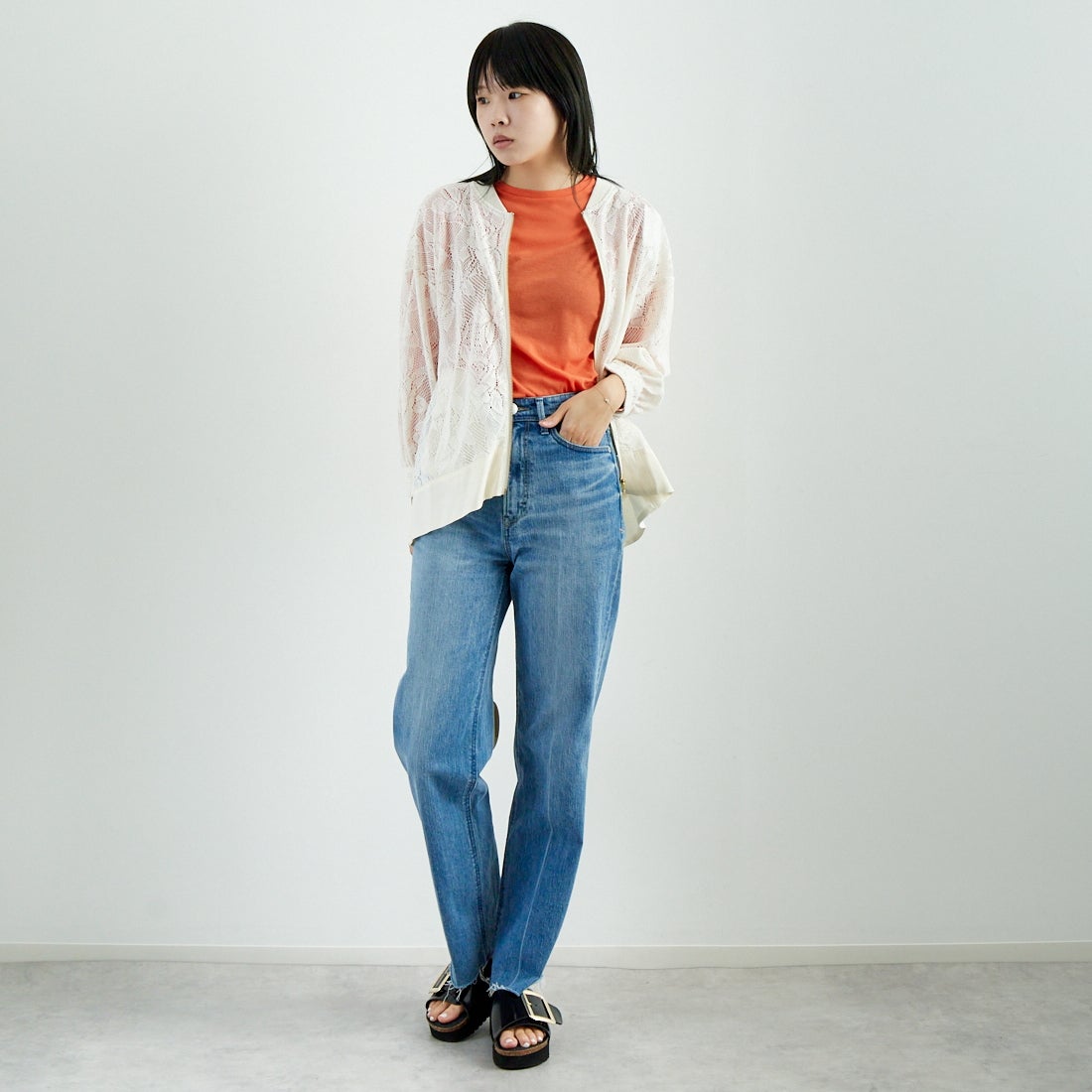 Jf Ready Made [ジェイエフレディメイド] カーテンレースチュニックブルゾン [4125110] ｱｲﾎﾞﾘｰ &&モデル身長：167cm 着用サイズ：F&&