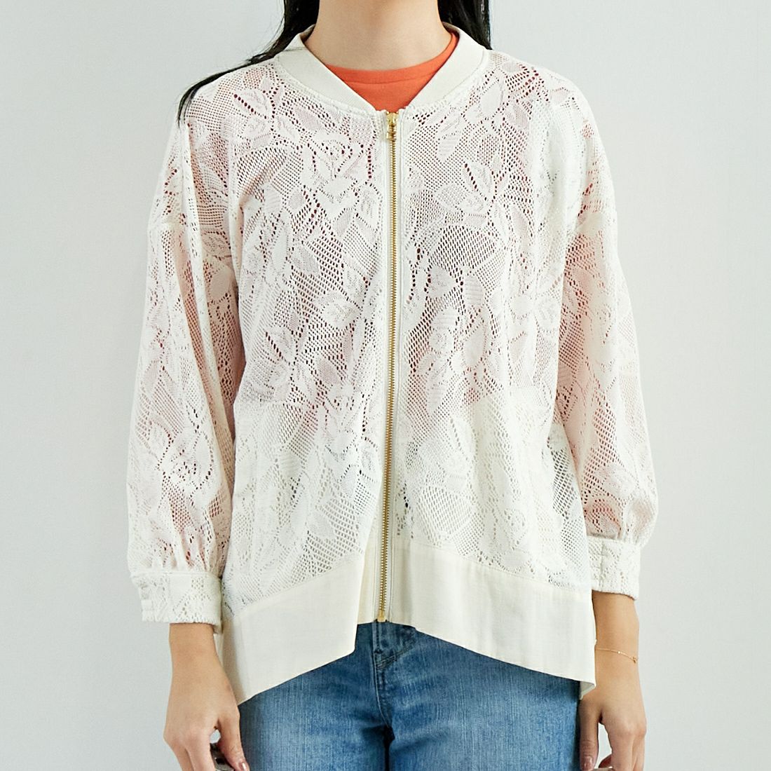 Jf Ready Made [ジェイエフレディメイド] カーテンレースチュニックブルゾン [4125110] ｱｲﾎﾞﾘｰ &&モデル身長：167cm 着用サイズ：F&&