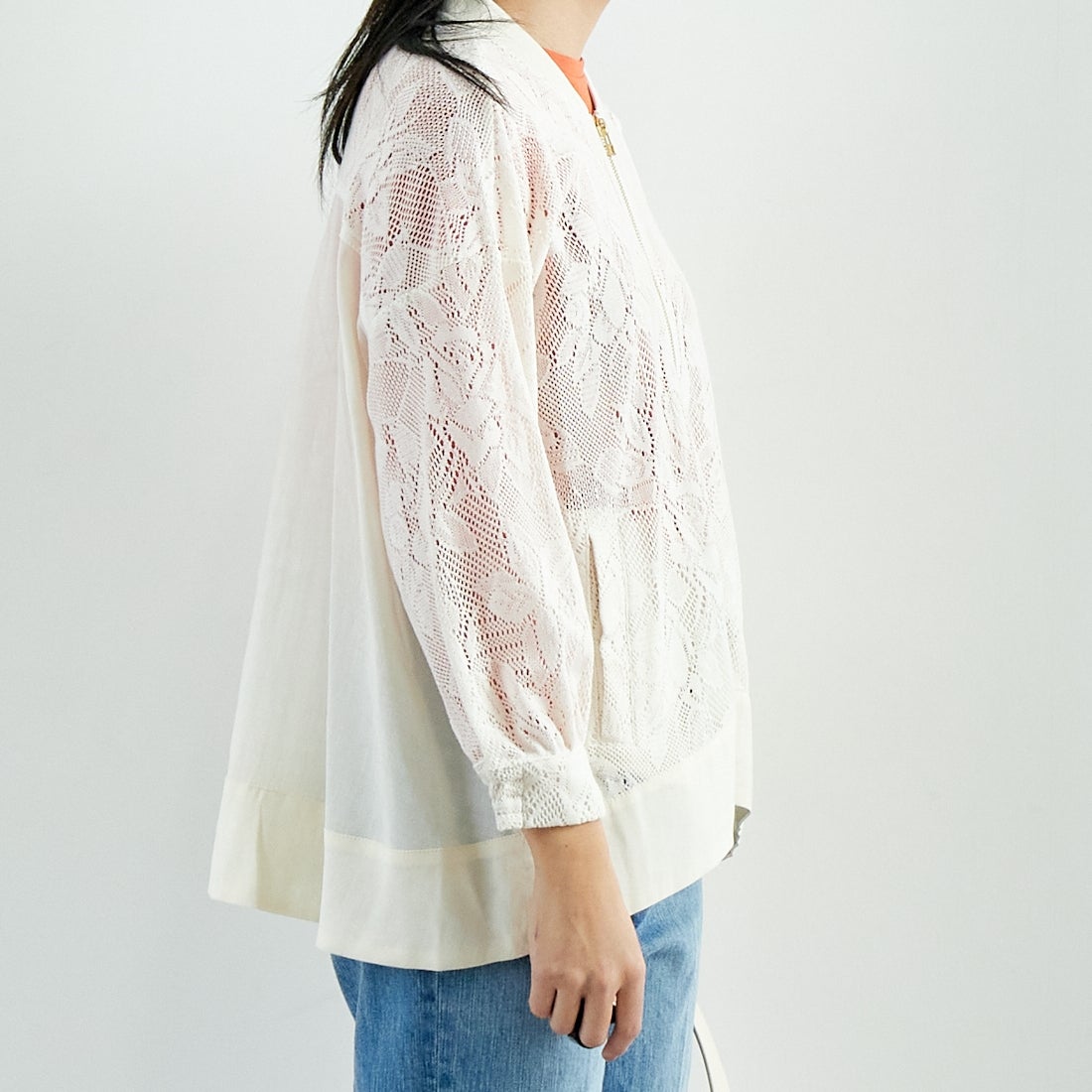 Jf Ready Made [ジェイエフレディメイド] カーテンレースチュニックブルゾン [4125110] ｱｲﾎﾞﾘｰ &&モデル身長：167cm 着用サイズ：F&&