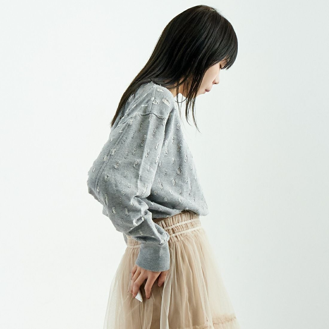 UNFIL [アンフィル] リップドメッシュ コットンテリースウェット [WVSP-UW116] H.GRAY &&モデル身長：167cm 着用サイズ：1&&