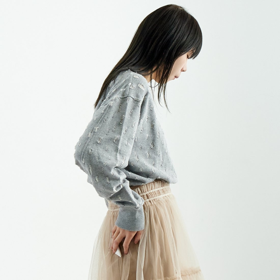 UNFIL [アンフィル] リップドメッシュ コットンテリースウェット [WVSP-UW116] H.GRAY &&モデル身長：167cm 着用サイズ：1&&