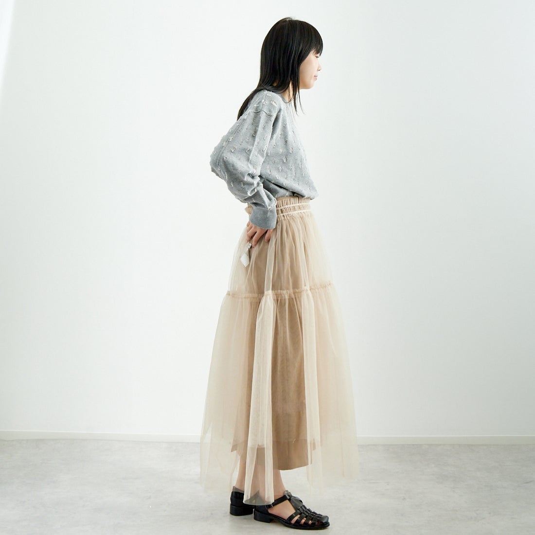 UNFIL [アンフィル] リップドメッシュ コットンテリースウェット [WVSP-UW116] H.GRAY &&モデル身長：167cm 着用サイズ：1&&