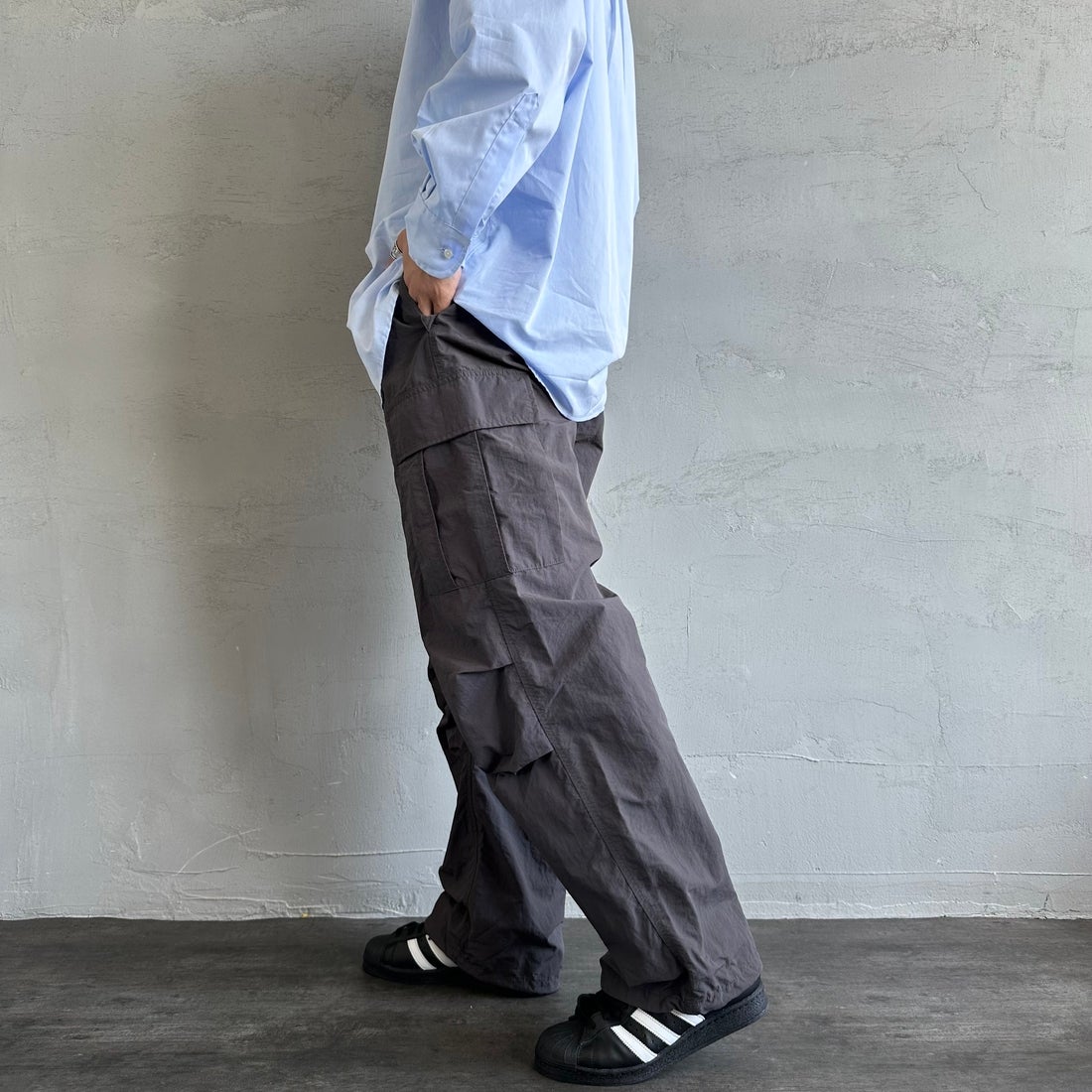 Jeans Factory Clothes [ジーンズファクトリークローズ] ウォッシャブルナイロンM-51カーゴパンツ [JFC-252-014] BLACK &&モデル身長：179cm 着用サイズ：L&&